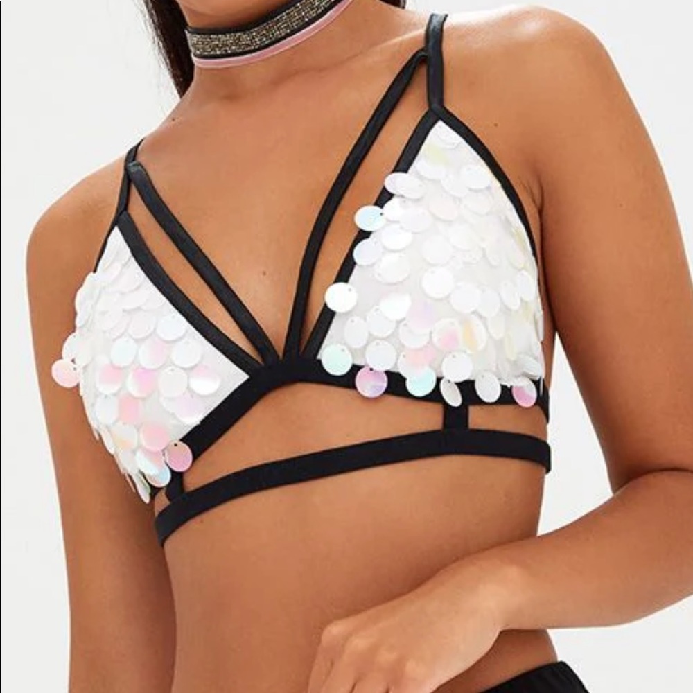 White Sequin Harness Bralet